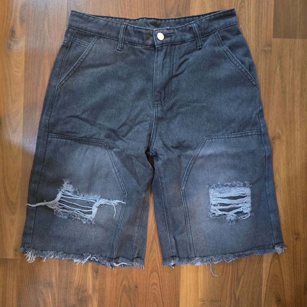 Frayed Edge Double Knee Ripped Denim Shorts